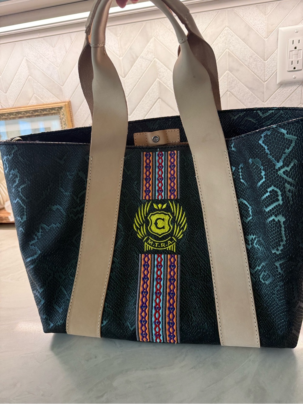 Consuela Teal Snake-Print Tote with Embroidered Crest and Stripe
